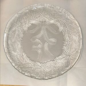 Clear Glass Holiday Ribbon & Holly Serving Plate